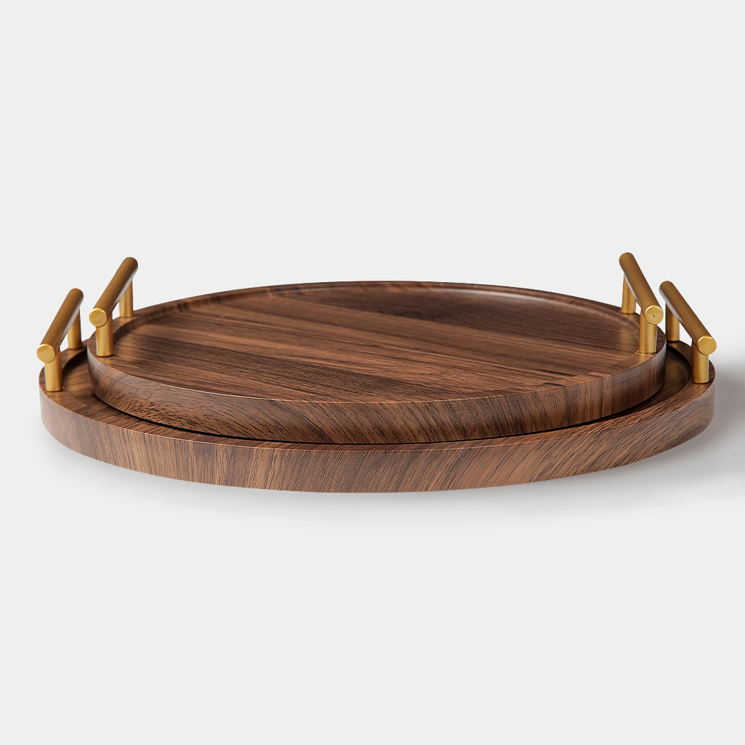 Quadro Wooden Tray Set of 2 Round with Handle
